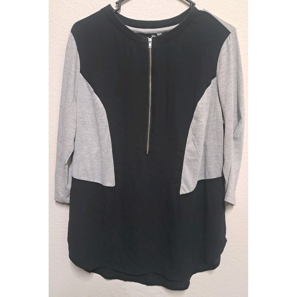 Kut From The Kloth Women's XL Black Gray Colorblock Zip Front 3/4 Sleeve Blouse
